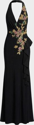 Mac Duggal Floral Beaded Plunging Halter Gown