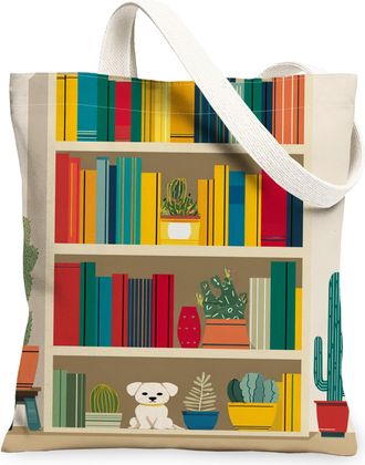 Generic Book Shelf Canvas Tote Bags, Colorful Plant Pattern Reusable Grocery Bags, Spring Fun Lightweight Washable Shoulder Strap C, Beige, 13x15 Inch