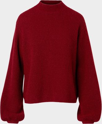Akris Mock-Neck Blouson-Sleeve Alpaca Wool Rib Sweater