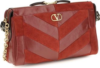 Valentino Garavani Womens Panthea Shoulder Bag Chevron Pattern Russet Red Calf Leather Bos Taurus