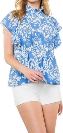 THML Clothing Flutter Sleeve Print Top In Blue