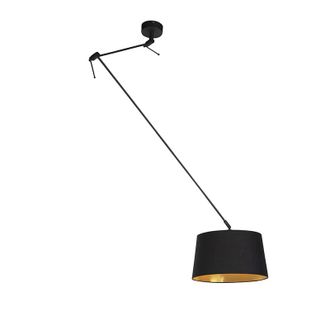 QAZQA Moderno L&aacute;mpara Colgante Negra Con Pantalla De Algod&oacute;n Negra Y Dorada 35 Cm - Blitz Acero /algod&oacute;n Cil&iacute;ndra /alargada /redonda Adecuado Para Led Max. 