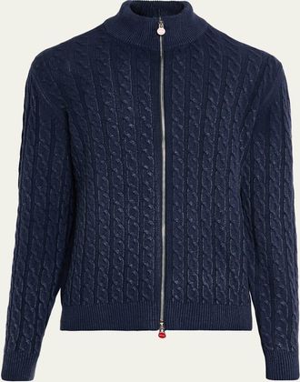 Kiton Mens Cashmere Washed Cable-Knit Full-Zip Sweater