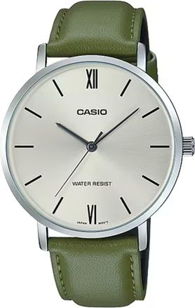 Casio Mens Silver Dial Watch with Green Leather Strap - MTP-VT01L-3BUDF