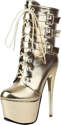 Generic Womens Sexy Platform Ankle Boots Round Toe Super High Stiletto Heel Slip On With Belt Buckle For Party Wear