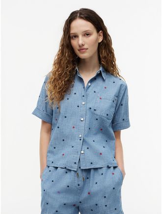 Tommy Hilfiger Womens Allover Star-Embroidered Chambray Shirt - Blue - XXS