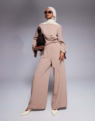 Asos twist front wide leg jumpsuit in camel-Neutral