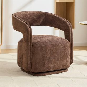 Direct Wicker Chenille 360 Degrees Swivel Armchair with Fabric Covered Wooden Base in Brown | Size: 1 Pack