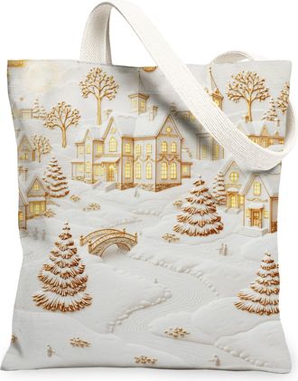 Generic Winter Village Canvas Tote Bags, Holiday Scene Pattern Reusable Grocery Bags, Cozy Rustic Washable Shoulder Strap Canvas Fo, White, 13x15 Inch
