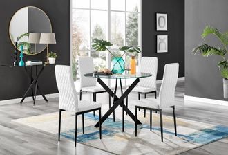 Furniturebox Novara 4 Seater Black Leg Round Glass Dining Table & 4 Milan Faux Leather Black Leg Chairs in White