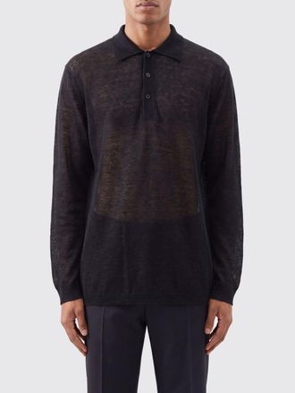 Yohji Yamamoto Sheer Long-Sleeved Knit Polo Shirt in a Linen Blend