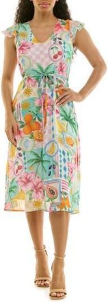Nina Leonard V-Neck Sleeveless Fit & Flare Dress in Mint Multi at Nordstrom Rack, Size X-Large