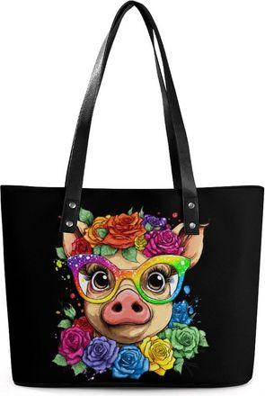 Generic Pigs Rose Floral Tote Bags for Women Cute Shoulder Purses Handbags