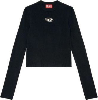 Diesel Geribbelde trui van viscosemix met borstuitsnijding en metalen ovale D-plaque - Dames - Longsleeves - Zwart - M - Tops
