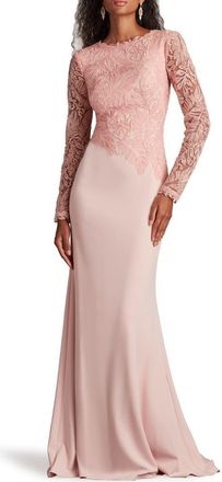 Tadashi Shoji Embroidered Leaf Print Long Sleeve Gown in Adobe Blush at Nordstrom, Size 16