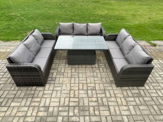 Fimous Patio Garden Dining Set Outdoor Rattan Furniture Lounge Sofa Height Adjustable Rising lifting Table in Dark Grey