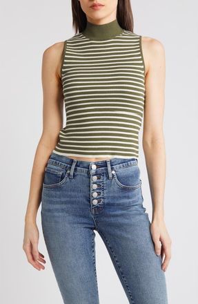 Madewell Stripe Mock Neck Wide Rib Sweater Tank in Desert Olive at Nordstrom Rack, Size Xx-Large