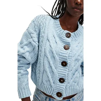 Free People Bonfire Cable Knit Cardigan in Boardwalk Blue at Nordstrom, Size X-Large