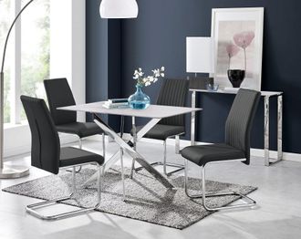 Furniturebox Leonardo White Glass Marble Effect Silver Leg Table & 4 Lorenzo Chairs in Black