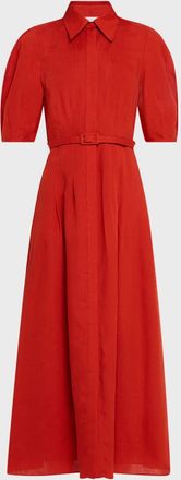 Gabriela Hearst Maude Puff-Sleeve Belted Linen Midi Shirtdress