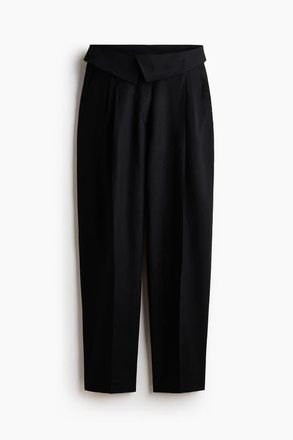 H&M Foldover-waist Linen-blend Trousers in Black at Nordstrom, Size 16