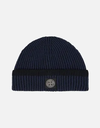 Stone Island Mens Stone Island Beanie with Vanis&eacute; Ribbing and Compass Patch in Navy