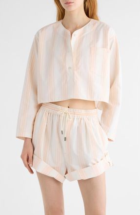 Chloé Soft Stripe Organic Cotton Crop Shirt in White Pink at Nordstrom, Size 10 Us