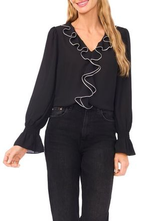 CeCe by Cynthia Steffe Ruffle V-Neck Top in Rich Black at Nordstrom, Size X-Small