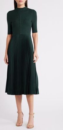 BOSS Fireanami Shimmer Sweater Dress with Pliss&eacute; Skirt in Court Green at Nordstrom Rack, Size Xx-Large