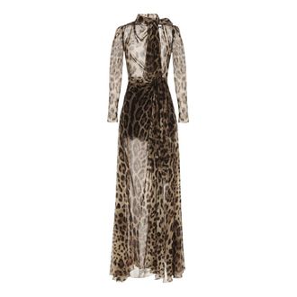 Dolce & Gabbana Vestido de Georgette con Estampado de Leopardo y Detalles de Lazada - Dresses - Mujer - Marr&oacute;n - M