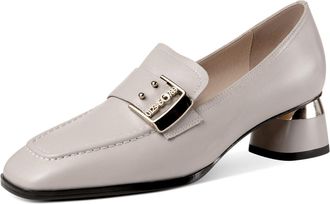 TinaCus Womens Square Toe Handmade Metal Buckle Genuine Leather Low Chunky Heels Casual Loafer Shoes, Grey, 4 UK