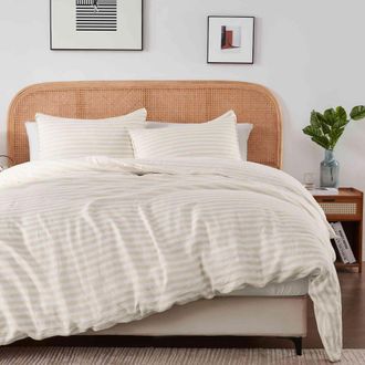 Puredown 100% Linen Duvet Cover Sets 3PCS Moisture-Wicking and Breathable Strip Pattern