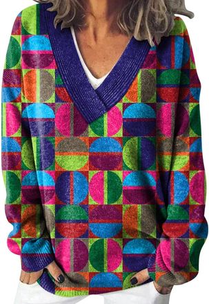 Generic Wool Jumper Women Sweaters for Women UK Womens Womens Vintage Art Print Knit V Neck Pullover Sweater Chunky Knit Jumper Women Womens Fall Long Sleeve 