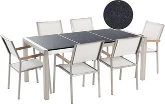 Beliani Conjunto De Comedor De Jard&iacute;n Blanco Con Mesa 180 X 90 Cm De Granito Negro 6 Sillas Grosseto
