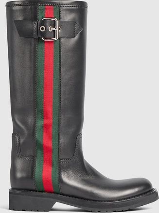 Gucci Womens Biker Boot With Web, Black, Leather