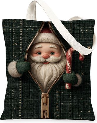 Generic Christmas Santa Canvas Tote Bags, Holiday Character Pattern Reusable Grocery Bags, Vintage Lightweight Washable Shoulder St, Green, 13x15 Inch