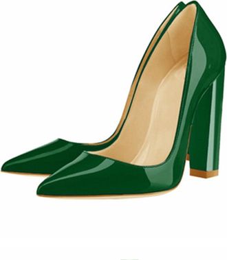Generic Women Slip-On Chunky Pumps, Fashion Pointed Toe Dress Block Court Shoes, Comfort Closed Toe Leather Party Work High Heels Shoes,Green,2.5 UK
