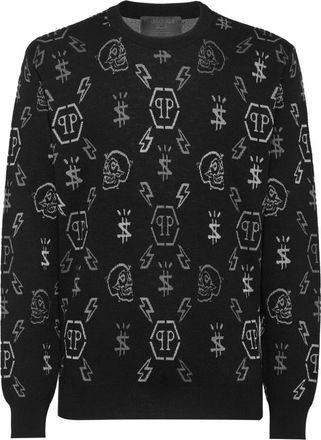 Philipp Plein Pullover Round Neck Monogram - Heren - Ronde hals truien - Zwart - 3XL - Wol - Truien & Vesten