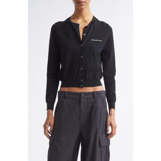 Alexander Wang Hotfix Logo Shrunken Cardigan in Black at Nordstrom, Size X-Large