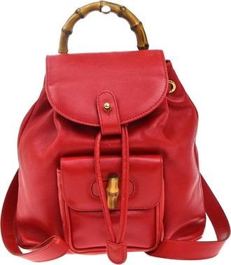 Gucci Vintage Bamboo Backpack Leather Red Leather Backpack Bag (Pre-Owned)