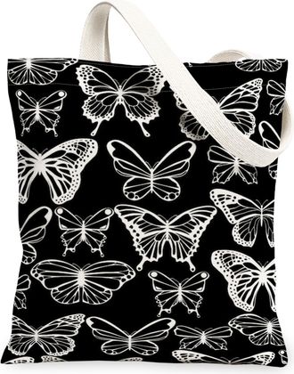 Generic Butterfly Pattern Canvas Tote Bags, Elegant Black Reusable Grocery Bags, Vintage Lightweight Washable Shoulder Strap Canvas, Black, 13x15 Inch