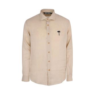 Palm Angels Casual Shirts, male, Beige, Size: M Embroidered Linen Shirt