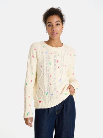 Lieblingsst&uuml;ck Strickpullover LIEBLINGSST&Uuml;CK DinziL, Damen, Gr. 34, sanftes wei&szlig;, Strick, Obermaterial: 60% Baumwolle, 40% Polyacryl, Zopfmuster, bestickt, h&uuml;ftlang,