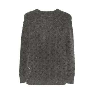 Seventy Trui met open breisel en pailletten - Dames - Ronde hals truien - Grijs - S - Pailletten - Truien & Vesten