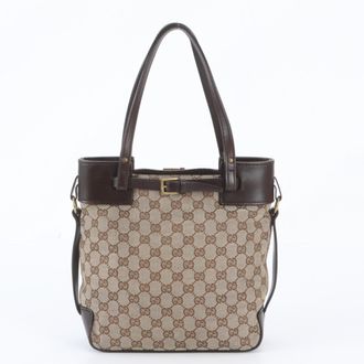 Gucci Brown Leather Canvas Handbag Shoulder Bag Tote Bag (Pre-Owned)