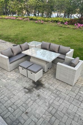 Fimous Rattan Garden Funiture Set Height Adjustable Rising Lifting Table Sofa Dining Set Table Chair Stool in Light Grey