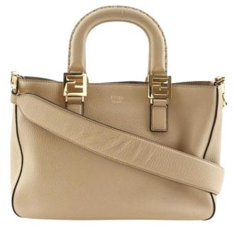 Fendi Pre-owned FF Tote Kleine Kalfsleren Handtas - Dames - Pre-owned - Beige - Maat: ONE Size Leer