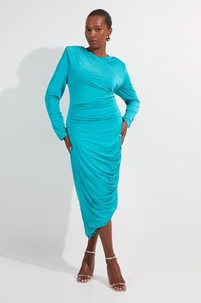 Karen Millen Long Sleeve Ruched Maxi Dress in Teal at Nordstrom, Size 3X-Large