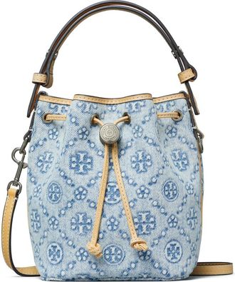 Tory Burch Mini T Monogram Denim Bucket Bag in Powder Blue at Nordstrom