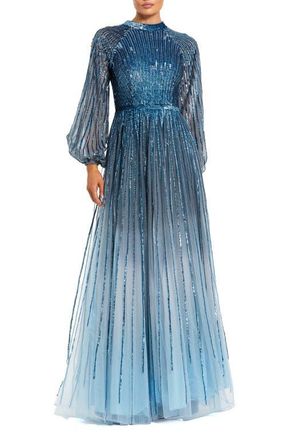 Mac Duggal Sequin Mesh Ombre Bishop Sleeve A-Line Gown in Slate Blue at Nordstrom, Size 10